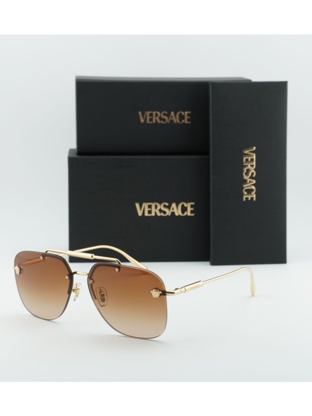 Versace VE2296 100213 Aviator Rimless Sunglasses – Gold / Brown
